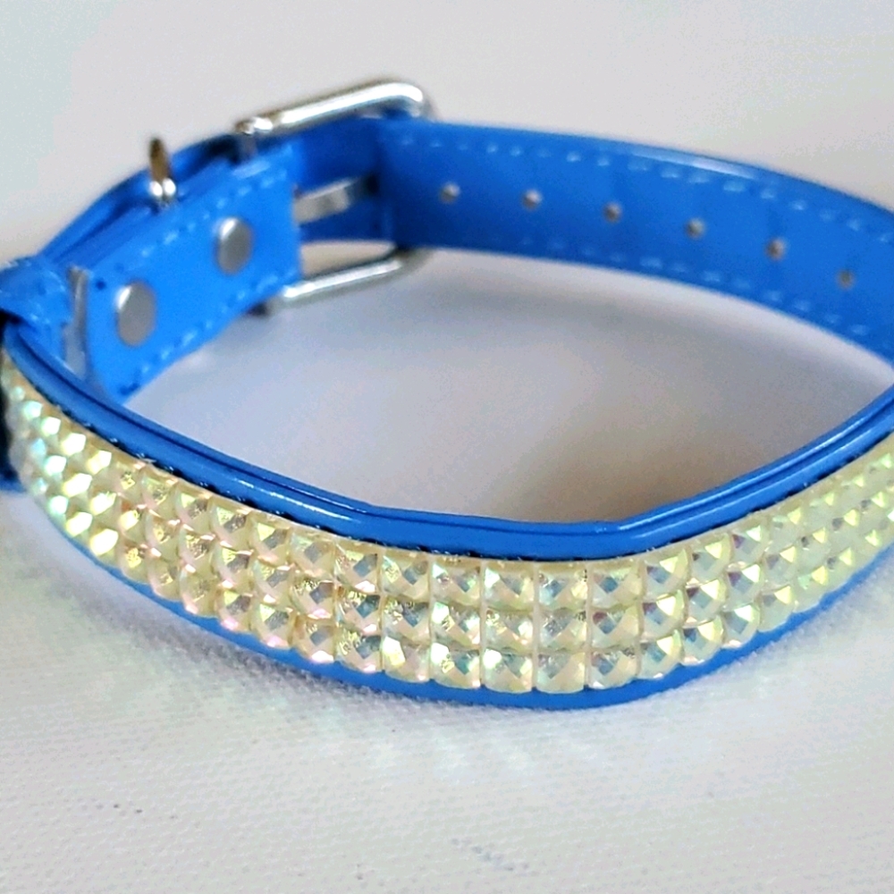 Dog Collar Iridescent Stones Faux Blue Patent Leat